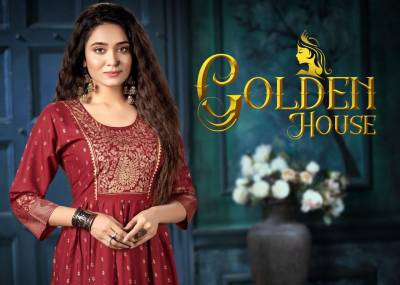 New Golden House By Trendy Fancy Rayon Gold Foil Printed Kurti Collection